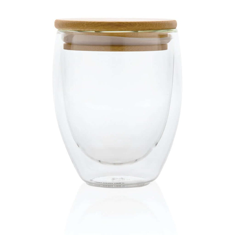 Bicchiere in vetro borosilicato con tappo in bambù 250ml - personalizzabile con logo