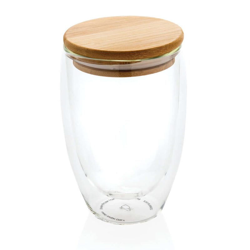 Bicchiere in vetro borosilicato con tappo in bambù 350ml trasparente - personalizzabile con logo
