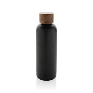 Bottiglia termica Wood in acciaio riciclato certificato RCS nero - personalizzabile con logo