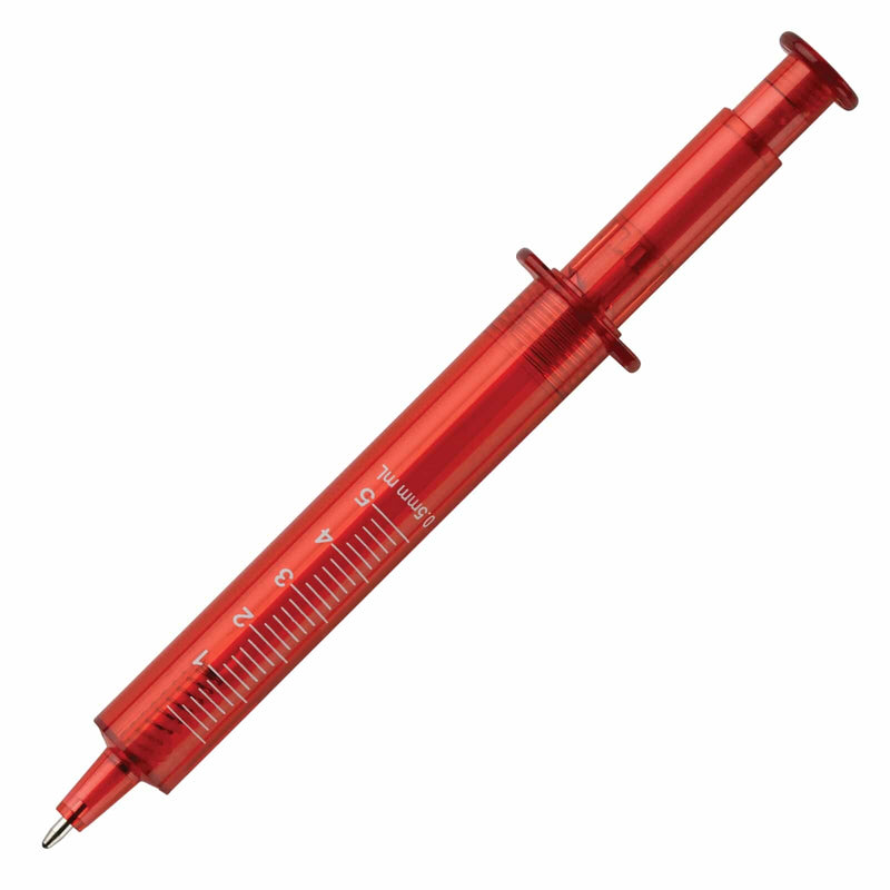 Penna a forma di siringa rosso - personalizzabile con logo