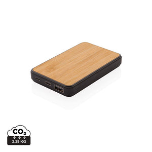 Powerbank da 5.000 mAh in plastica riciclata RCS finitura soft touch e bamboo marrone - personalizzabile con logo
