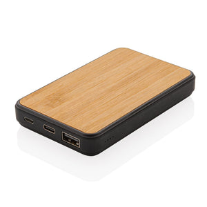 Powerbank da 5.000 mAh in plastica riciclata RCS finitura soft touch e bamboo marrone - personalizzabile con logo