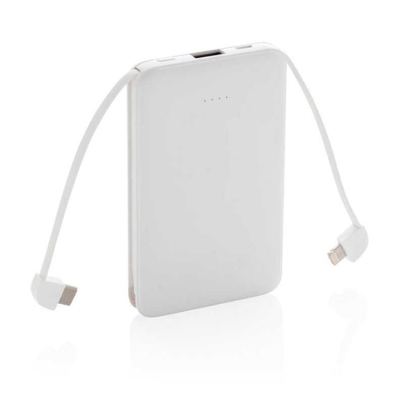Powerbank tascabile 5.000 mAh con cavi integrati bianco - personalizzabile con logo