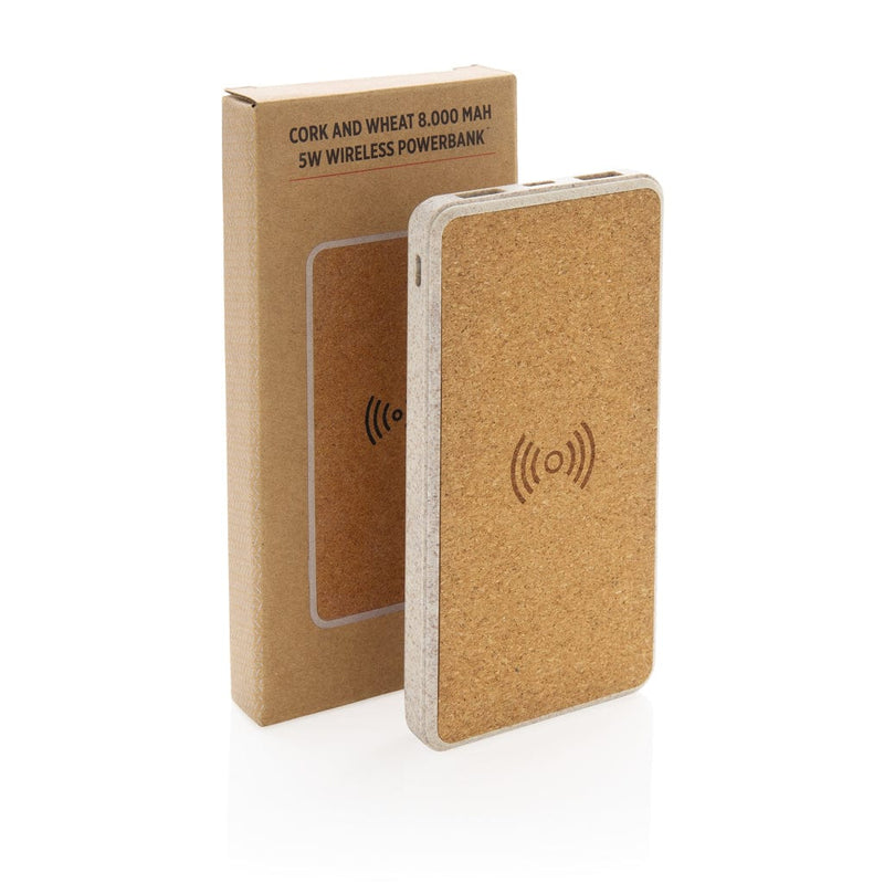 Powerbank wireless 8000 mAh in sughero e grano marrone - personalizzabile con logo