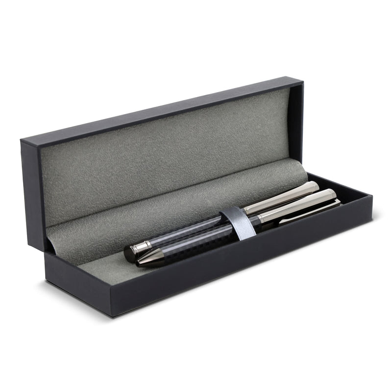 Set di penna a sfera e penna roller in metallo in confezione regalo grigio scuro - personalizzabile con logo