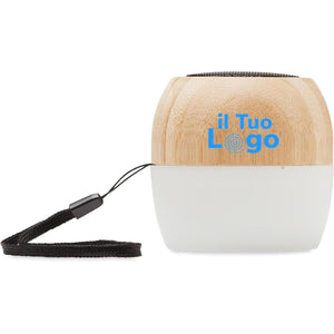 Spaker in bamboo 5.0 con luce d'atmosfera a 4 colori e tracolla beige - personalizzabile con logo