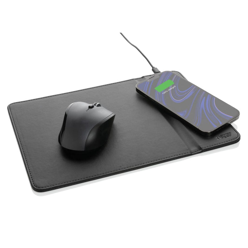 Tappetino mouse con ricarica wireless 10W in PU riciclato nero - personalizzabile con logo