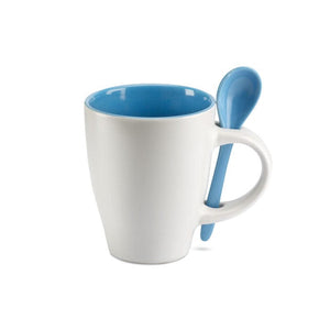 Tazza bicolore con cucchiaino blu - personalizzabile con logo