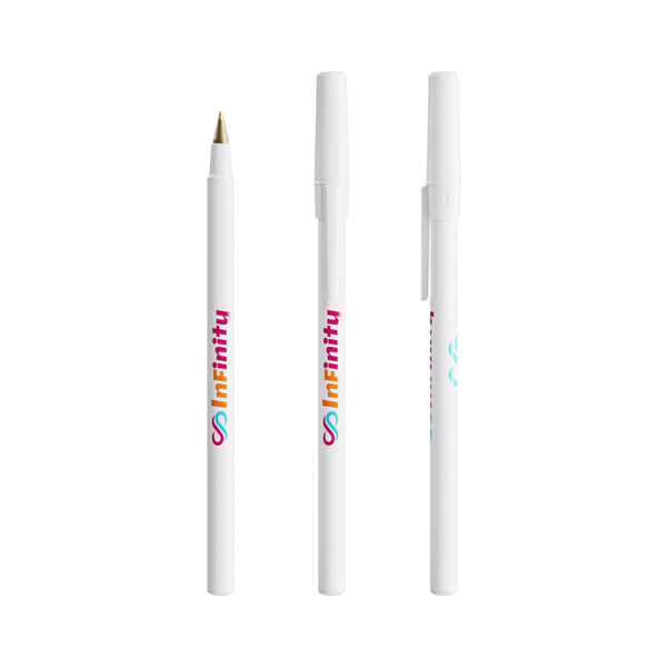 BIC® Round Stic personalizzata — Bianco / Inchiostro Blu (esempio di personalizzazione)