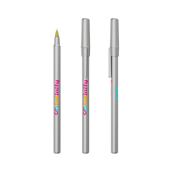 BIC® Round Stic personalizzata — Metallizzato / Inchiostro Blu (esempio di personalizzazione)
