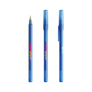 BIC® Round Stic personalizzata — Blu Scuro Frosted / Inchiostro Blu (esempio di personalizzazione)