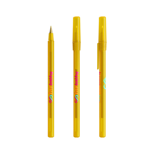 BIC® Round Stic personalizzata — Giallo Frosted / Inchiostro Blu (esempio di personalizzazione)