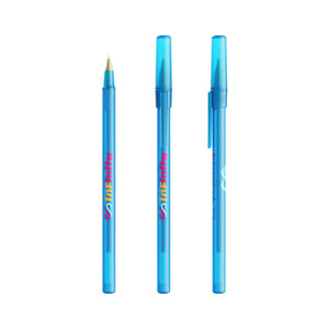 BIC® Round Stic personalizzata — Azzurro Frosted / Inchiostro Blu (esempio di personalizzazione)