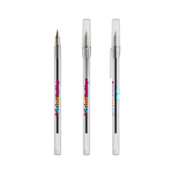 BIC® Round Stic personalizzata — Bianco Frosted / Inchiostro Blu (esempio di personalizzazione)