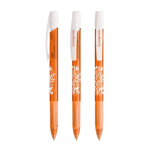 BIC® Media Clic Grip personalizzata — Arancio Frosted/Bianco Frosted / Inchiostro Blu (esempio di personalizzazione)