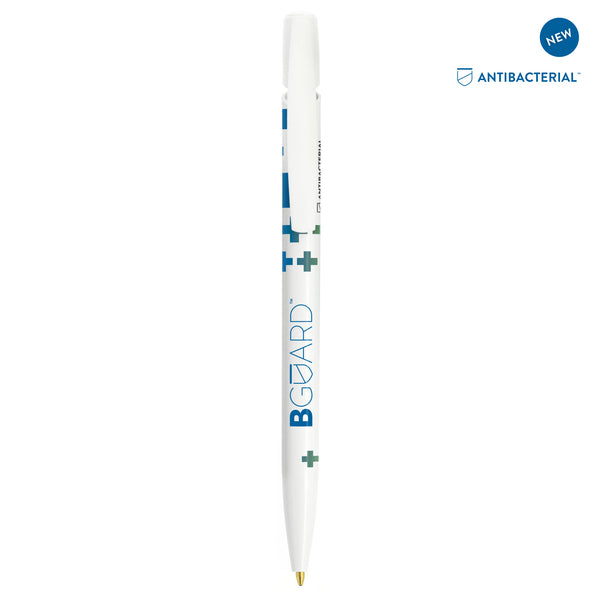 BIC® Media Clic BGUARD™ antibatterica personalizzata — Buard bianco / Inchiostro Blu (esempio di personalizzazione)