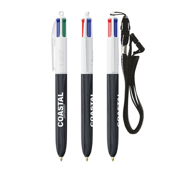 BIC® 4 Colours® Wood Style con laccetto personalizzata — Bianco - legno nero (esempio di personalizzazione)