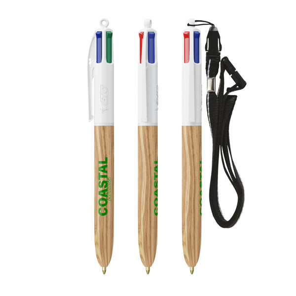 BIC® 4 Colours® Wood Style con laccetto personalizzata — Bianco - legno naturale (esempio di personalizzazione)