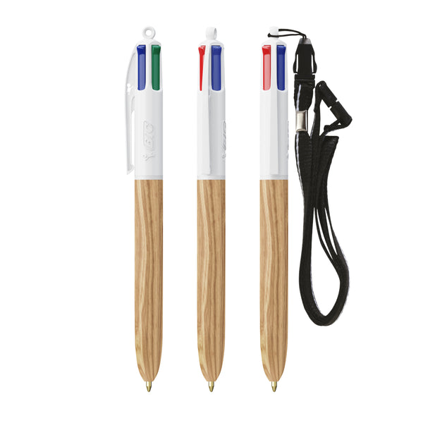 BIC® 4 Colours® Wood Style con laccetto personalizzata — Bianco - legno naturale