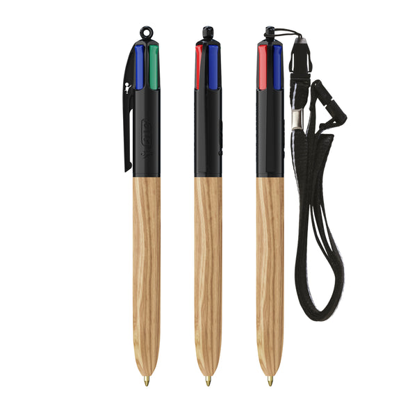 BIC® 4 Colours® Wood Style con laccetto personalizzata — Nero - legno naturale
