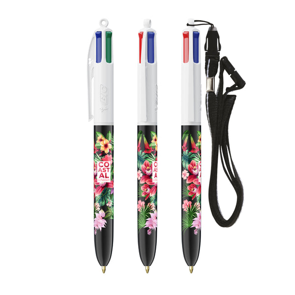 BIC® 4 Colours® con laccetto personalizzata — Bianco/Nero (esempio di personalizzazione)