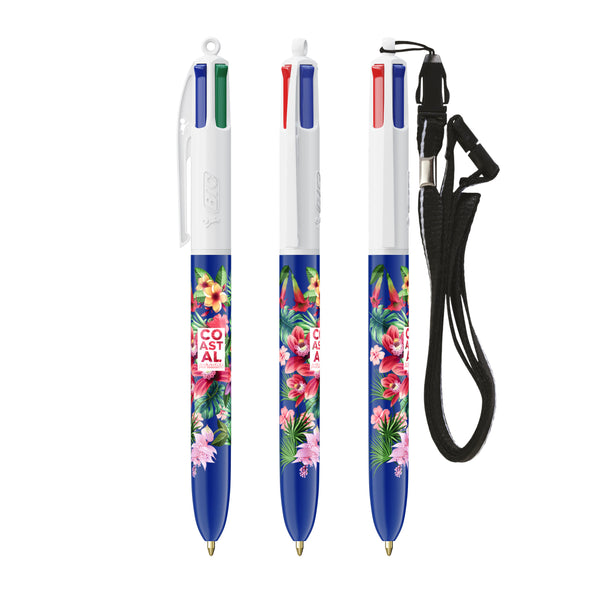 BIC® 4 Colours® con laccetto personalizzata — Bianco/Blu/Anello Bianco (esempio di personalizzazione)