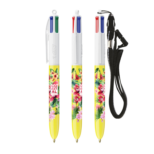 BIC® 4 Colours® con laccetto personalizzata — Bianco/Giallo (esempio di personalizzazione)
