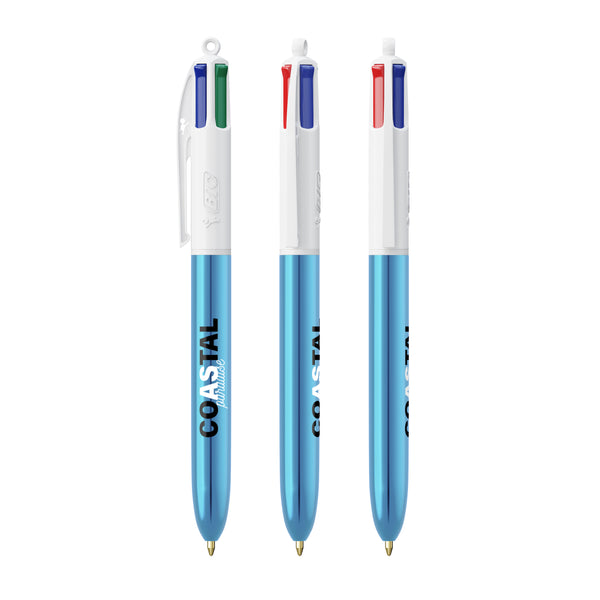 BIC® 4 Colours® Shine personalizzata — Bianco/Blu Metallico (esempio di personalizzazione)