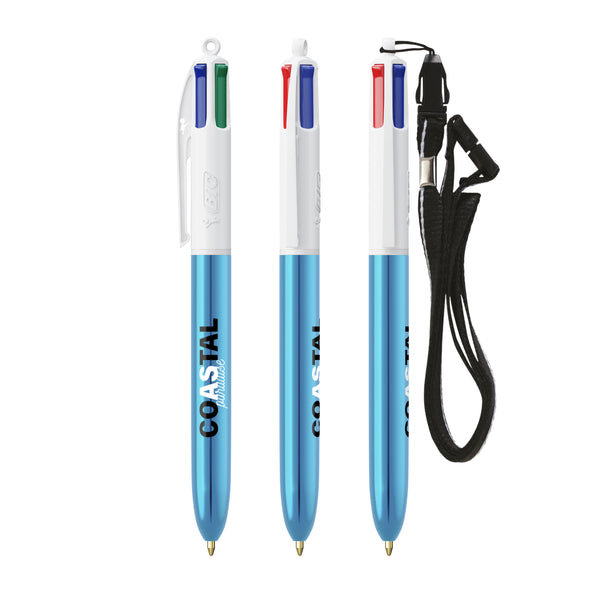 BIC® 4 Colours® Shine con laccetto personalizzata — Bianco/Blu Metallico (esempio di personalizzazione)