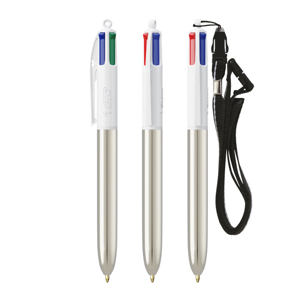 BIC® 4 Colours® Shine con laccetto personalizzata — Bianco/Metallic Silver