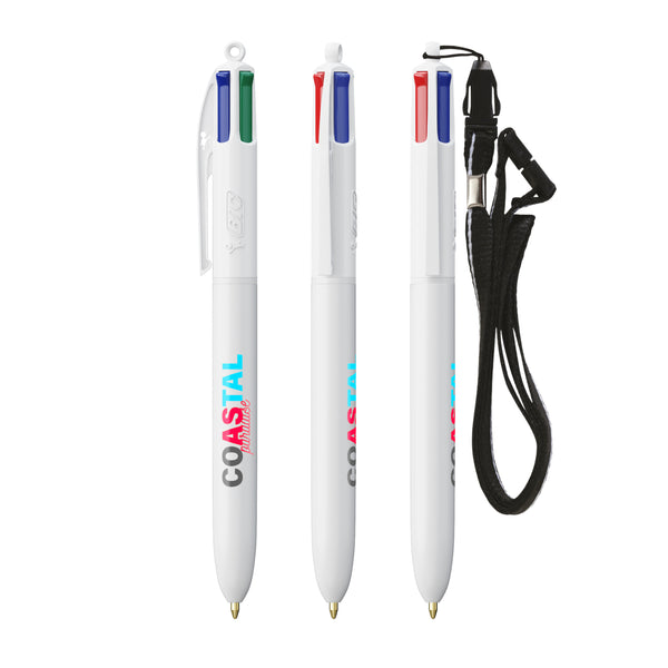 BIC® 4 Colours® ECO con laccetto personalizzata — Bianco Riciclato (esempio di personalizzazione)