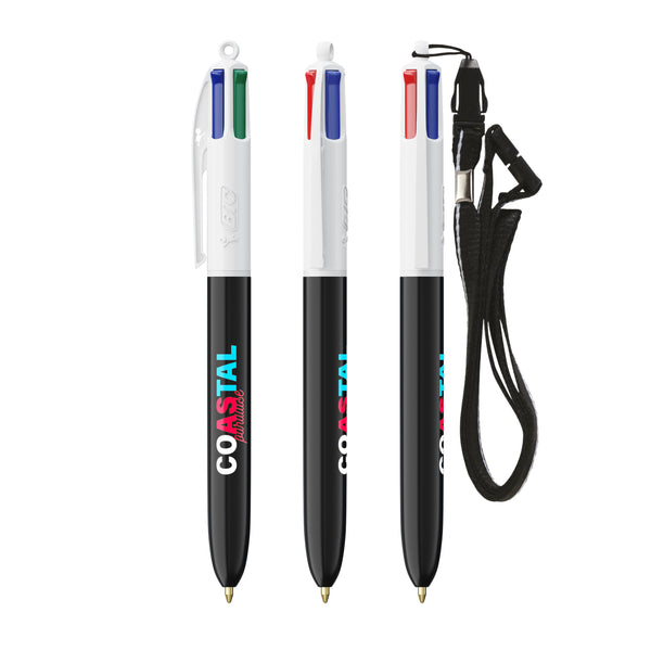 BIC® 4 Colours® ECO con laccetto personalizzata — Bianco/nero ECO (esempio di personalizzazione)