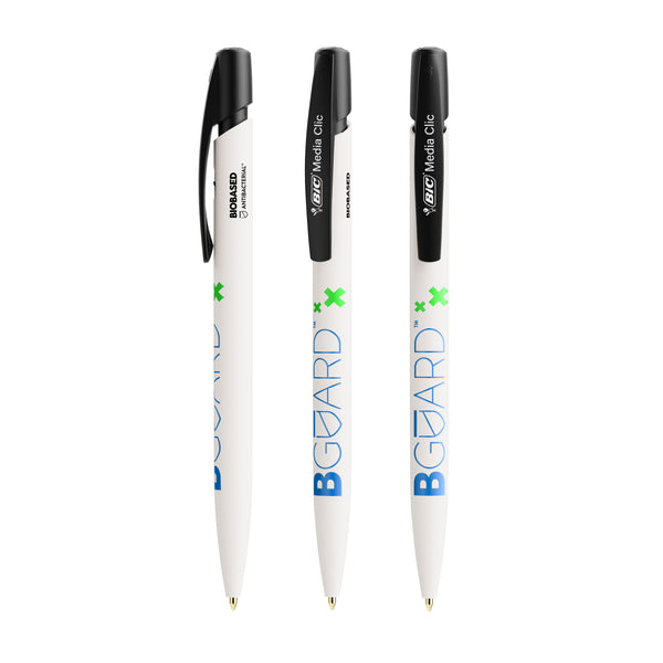 BIC® Media Clic BIO Based BGUARD™ antibatterica personalizzata — Bianco / Inchiostro Blu (esempio di personalizzazione)