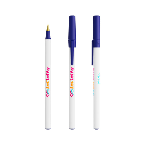 BIC® Round Stic® Ecolutions® personalizzata — Blu Riciclato / Inchiostro Blu (esempio di personalizzazione)