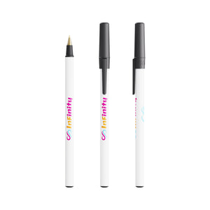 BIC® Round Stic® Ecolutions® personalizzata — Nero Riciclato / Inchiostro Blu (esempio di personalizzazione)