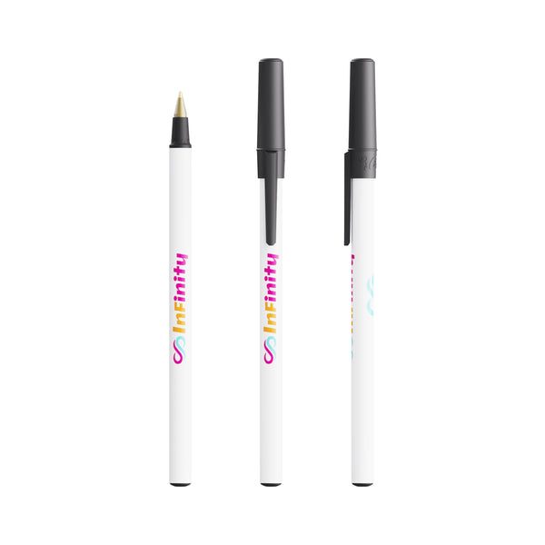BIC® Round Stic® Ecolutions® personalizzata — Nero Riciclato / Inchiostro Blu (esempio di personalizzazione)