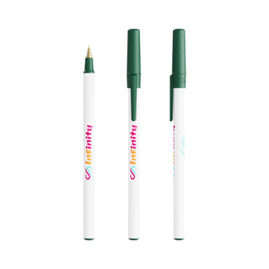 BIC® Round Stic® Ecolutions® personalizzata — Verde Scuro Riciclato / Inchiostro Blu (esempio di personalizzazione)