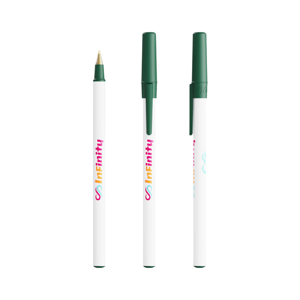 BIC® Round Stic® Ecolutions® personalizzata — Verde Scuro Riciclato / Inchiostro Blu (esempio di personalizzazione)