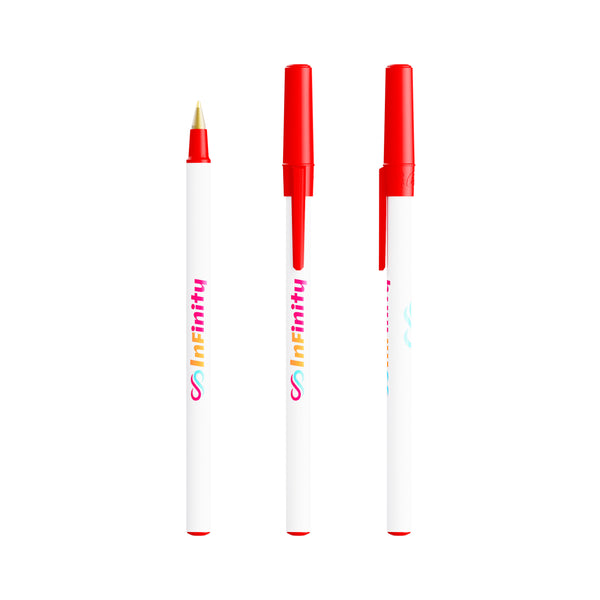 BIC® Round Stic® Ecolutions® personalizzata — Rosso Riciclato / Inchiostro Blu (esempio di personalizzazione)