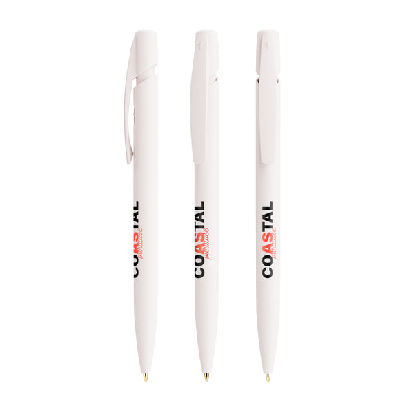 BIC® Media Clic Ecolutions® Plus personalizzata — Bianco Riciclato / Inchiostro Blu (esempio di personalizzazione)