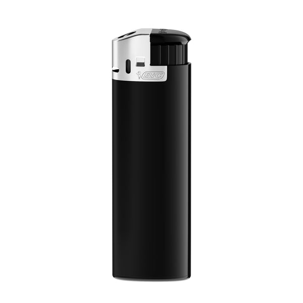 BIC® J38 Accendino con cappuccio cromato personalizzato — Corpo nero, base, forchetta / cofano cromatico