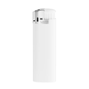 BIC® J38 Accendino con cappuccio cromato personalizzato — Corpo bianco opaco, base bianca, op. Forchetta bianca, cofano cromato