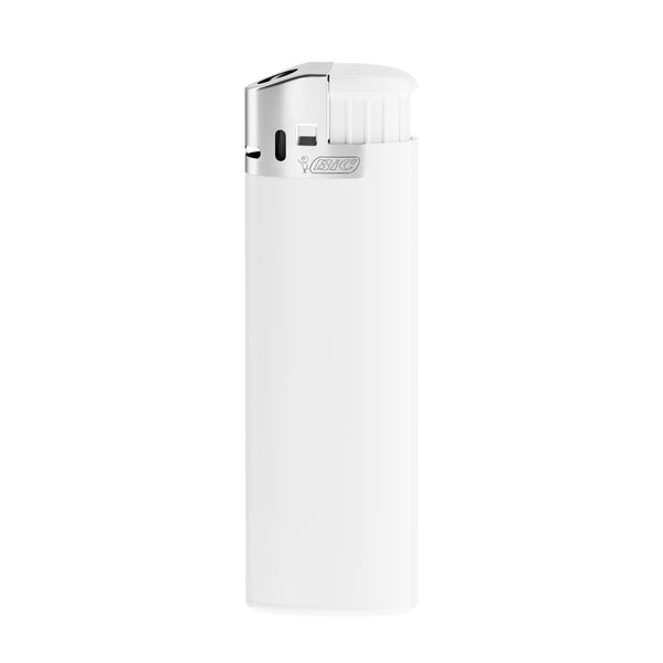 BIC® J38 Accendino con cappuccio cromato personalizzato — Corpo bianco opaco, base bianca, op. Forchetta bianca, cofano cromato