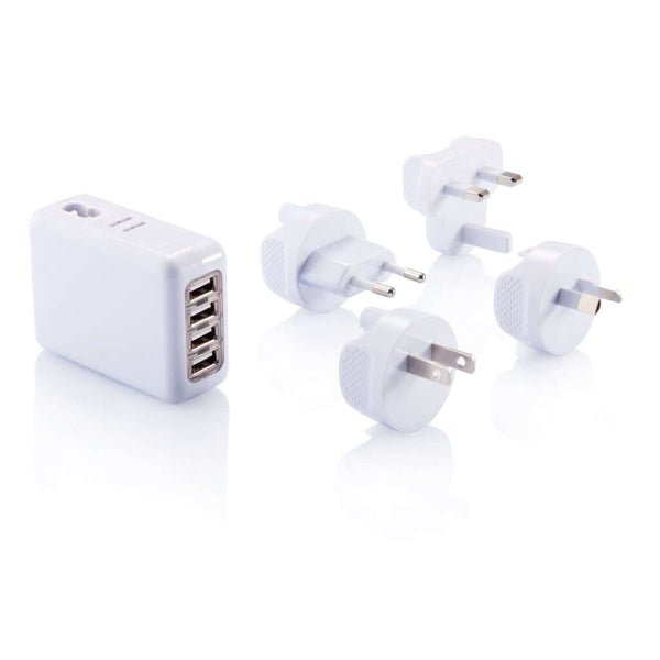 Adattatore da viaggio con quattro porte USB bianco - personalizzabile con logo