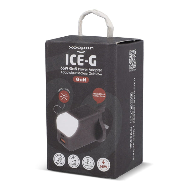 Adattatore di alimentazione Xoopar ICE-G 65W GaN con spina britannica - personalizzabile con logo
