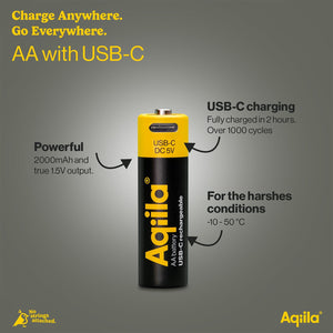 Aqiila - Batterie ricaricabili AA USB-C da 2000 mAh, confezione da 4 Nero - personalizzabile con logo