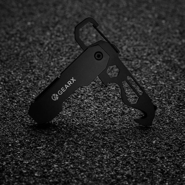 Attrezzo pieghevole EDC Gear X con moschettone nero - personalizzabile con logo