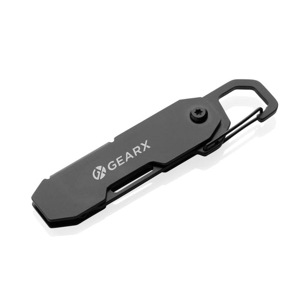 Attrezzo pieghevole EDC Gear X con moschettone nero - personalizzabile con logo
