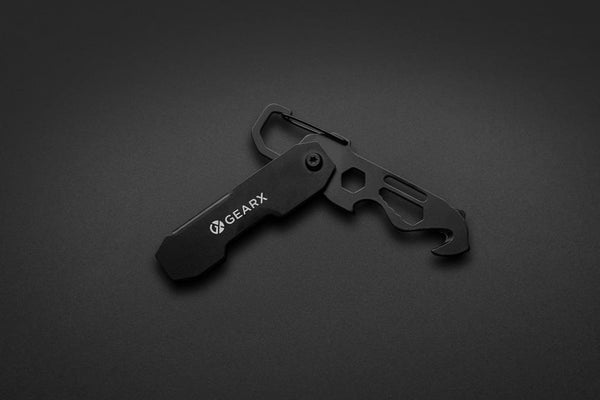 Attrezzo pieghevole EDC Gear X con moschettone nero - personalizzabile con logo