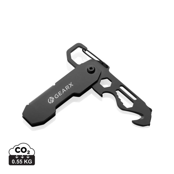 Attrezzo pieghevole EDC Gear X con moschettone nero - personalizzabile con logo